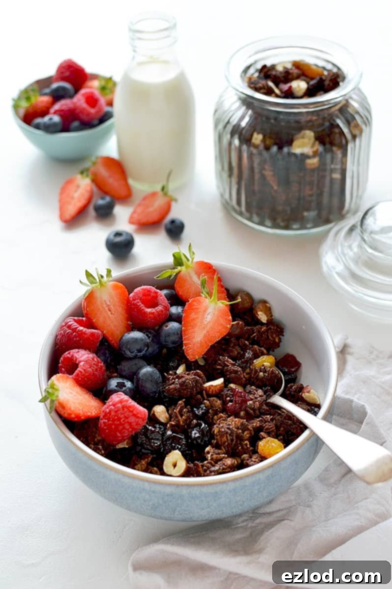 Healthy homemade chocolate berry granola stored in a glass jar