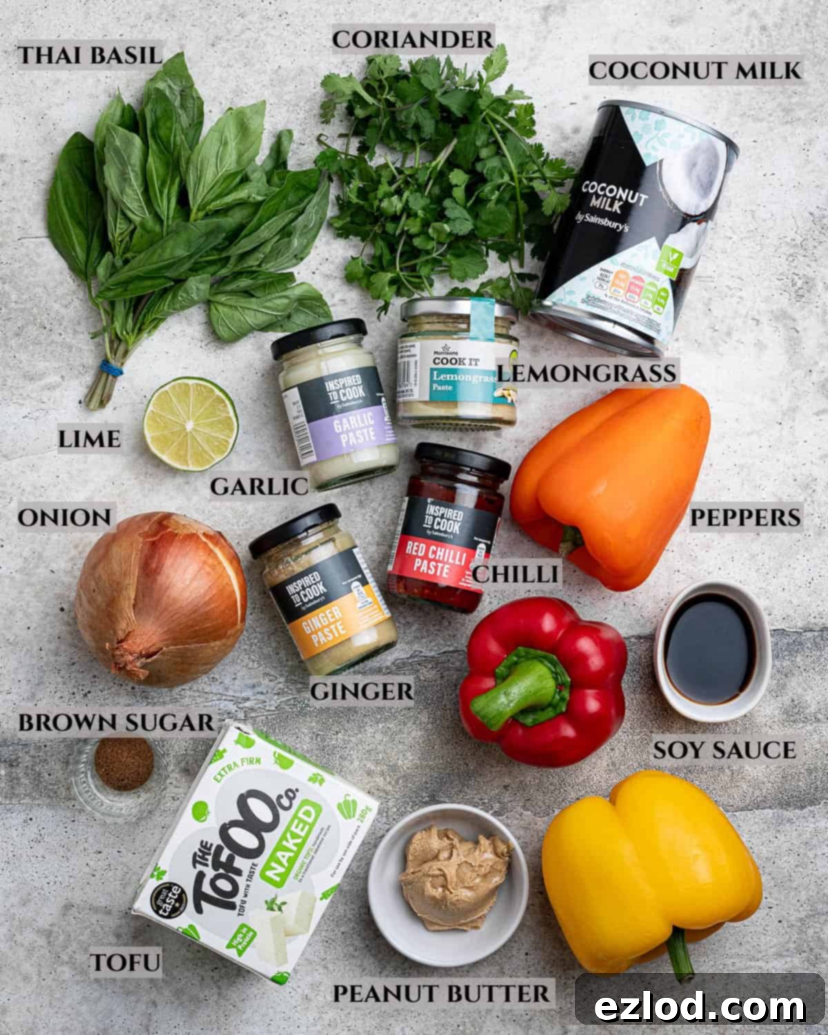 A labelled photo of the ingredients needed to make Thai style coconut tofu.