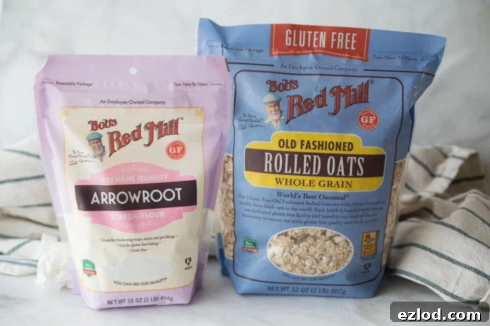 Bags of Bob's Red Mill arrowroot flour and rolled oats are ready to be used in the waffles