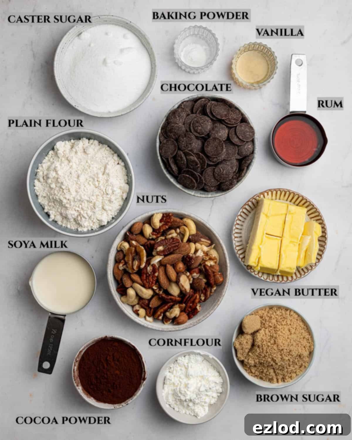 Boozy Vegan Nut Brownie Bliss 3 A labelled photo displaying all the essential ingredients needed to create delicious nutty rum brownies.