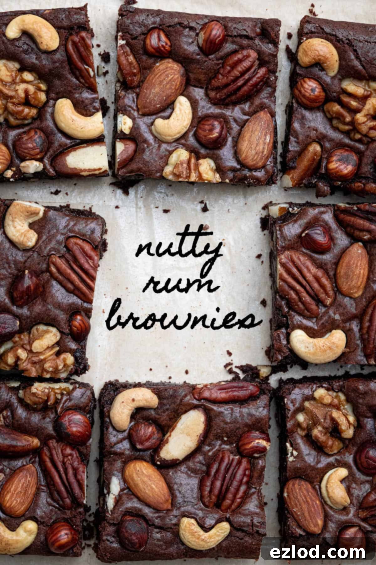 Boozy Vegan Nut Brownie Bliss 10 Squares of nutty rum brownies with the text "nutty rum brownies" in the center, ready to be enjoyed.