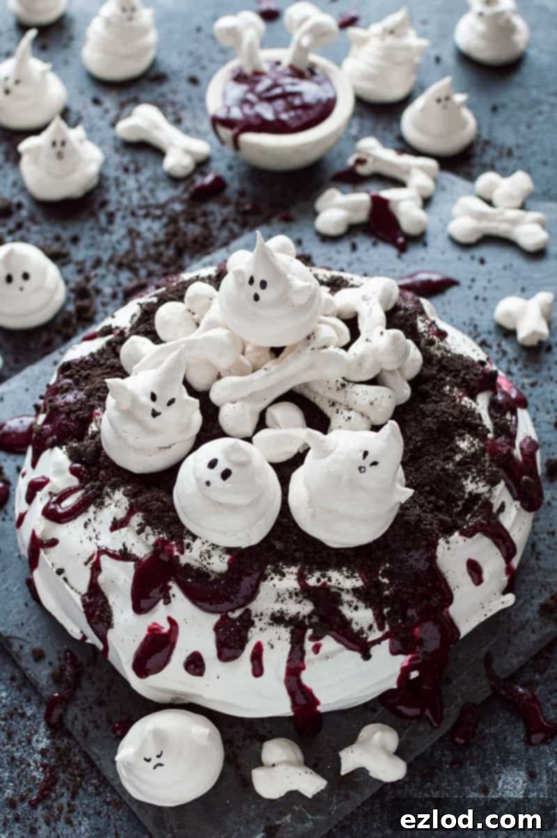 Close-up of Halloween Haunted Pavlova with Ghost Meringues