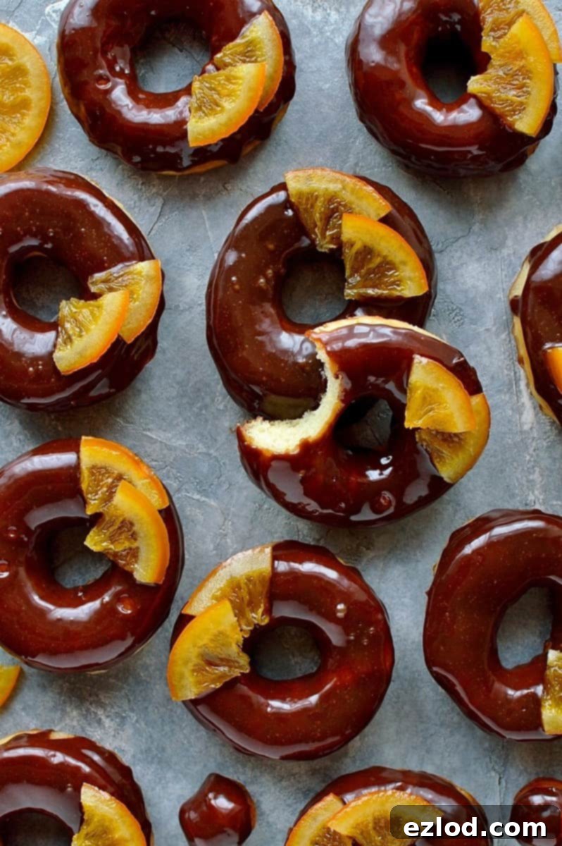 A tray of freshly fried and glazed vegan chocolate orange doughnuts with candied orange garnish.