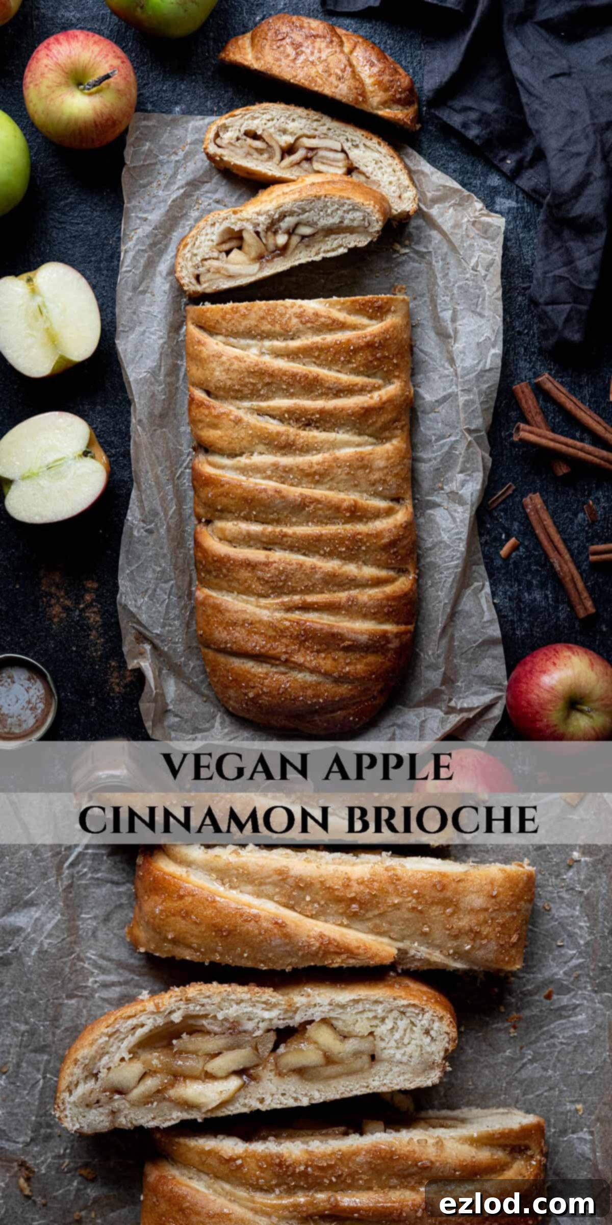 Spiced Apple Vegan Brioche 15 Pinterest collage image featuring multiple views of the Vegan Apple Cinnamon Brioche: a full loaf, a sliced portion, and a close-up of the textured crust.