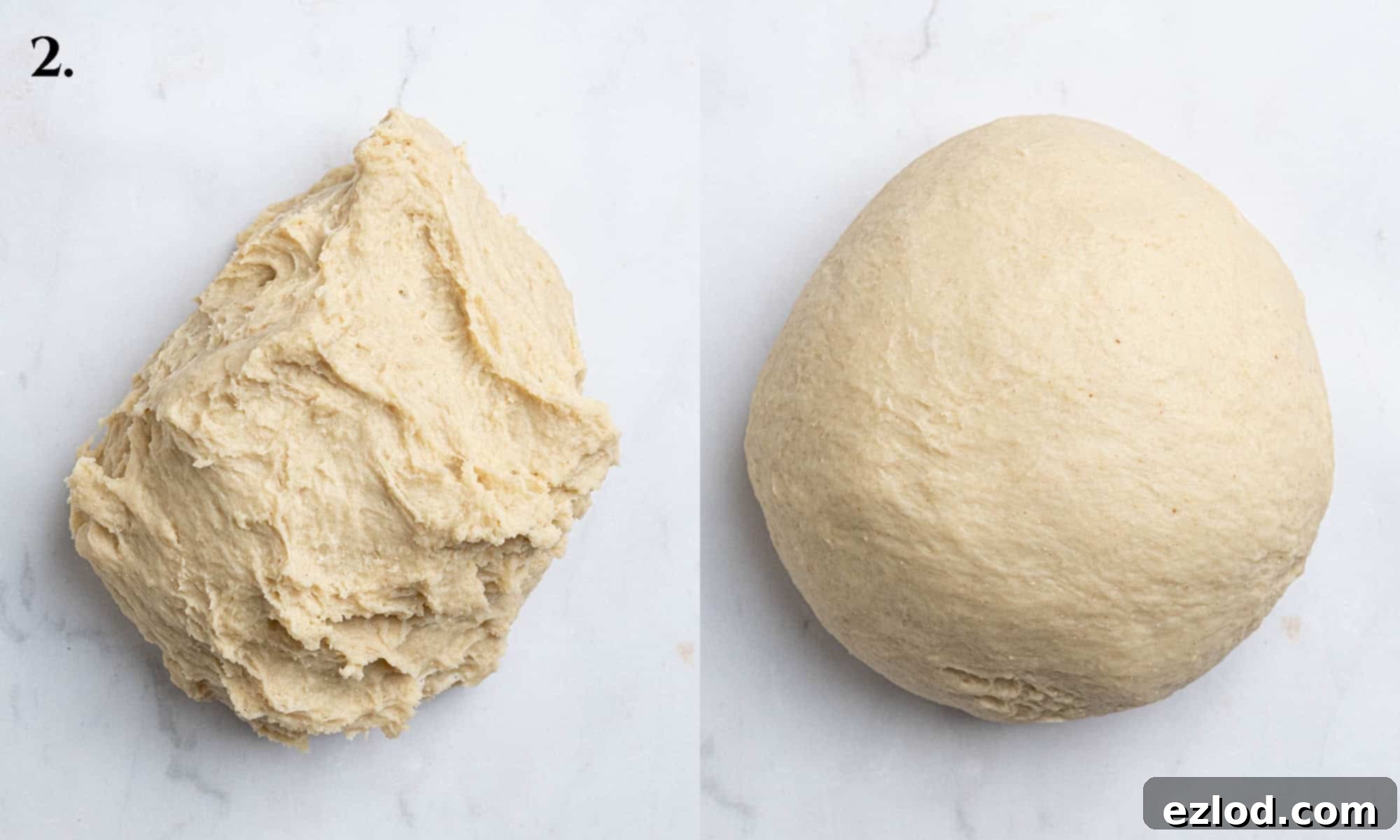 Spiced Apple Vegan Brioche 6 Step 2, a two-image collage showing the dough being kneaded: first, partially kneaded and still rough, and second, fully kneaded, smooth, and elastic.