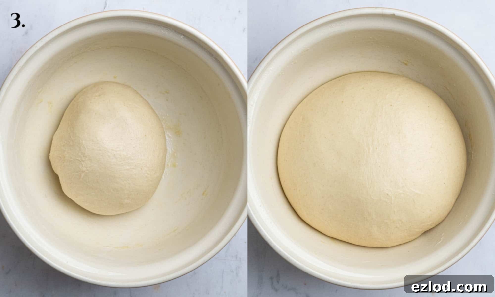 Spiced Apple Vegan Brioche 7 Step 3, a two-image collage illustrating the dough before and after its first rise, showing a significant increase in volume.