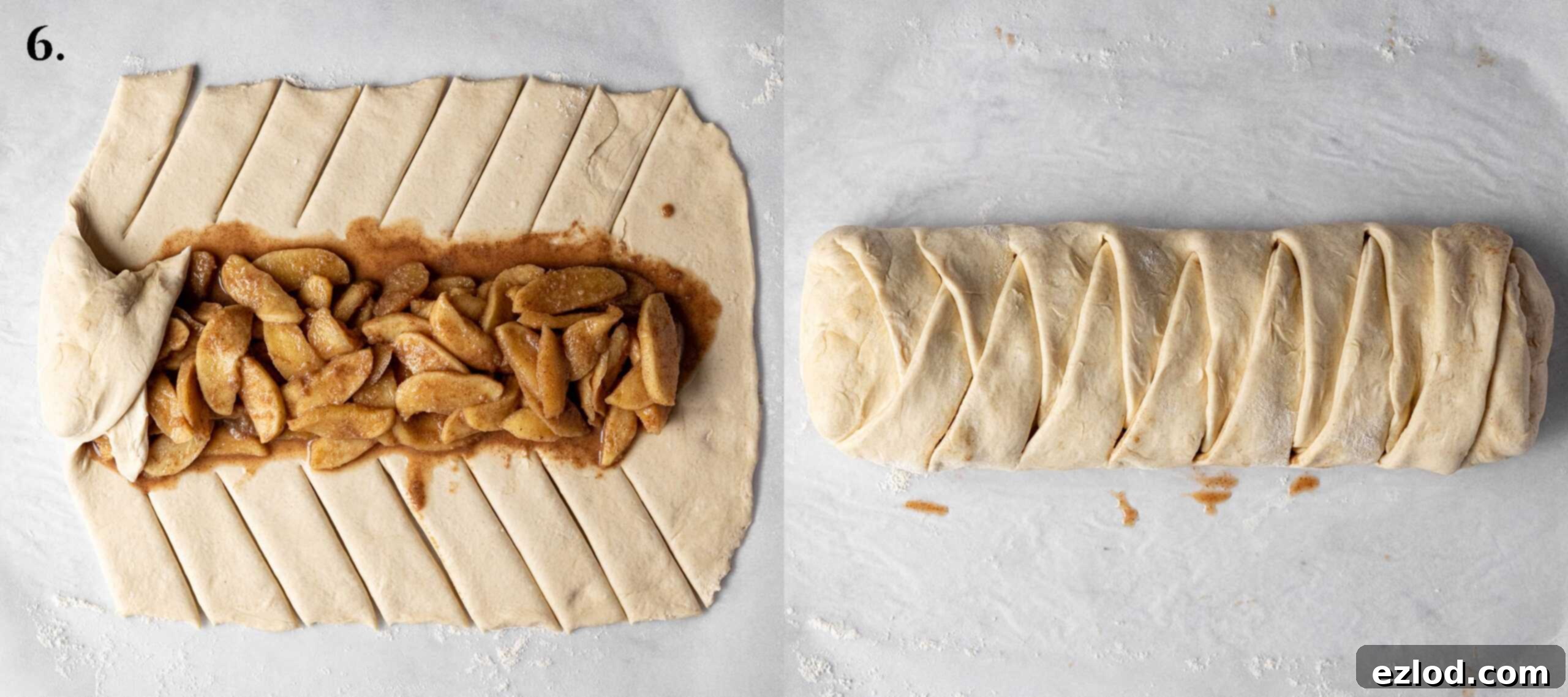 Spiced Apple Vegan Brioche 10 Step 6, a two-image collage demonstrating the braiding process: first, strips cut and ready, second, partially braided dough.