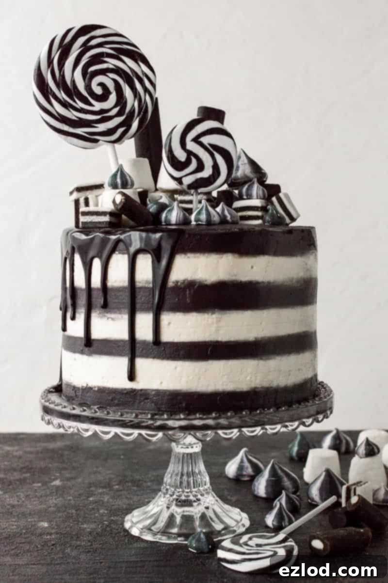 Monochrome cake - a stylish black and white stripy chocolate and vanilla cake. Perfect for a classy Halloween party.