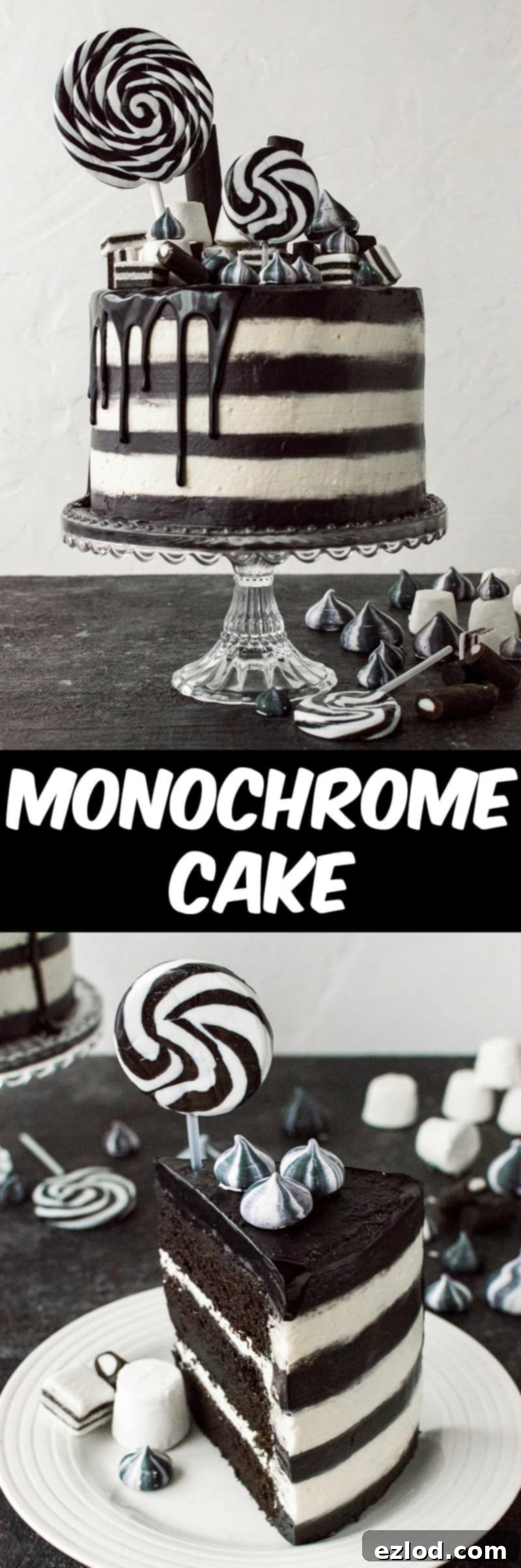 Monochrome cake (aka Beetlejuice cake) - a stylish black and white stripy chocolate and vanilla cake. Perfect for a classy Halloween party.
