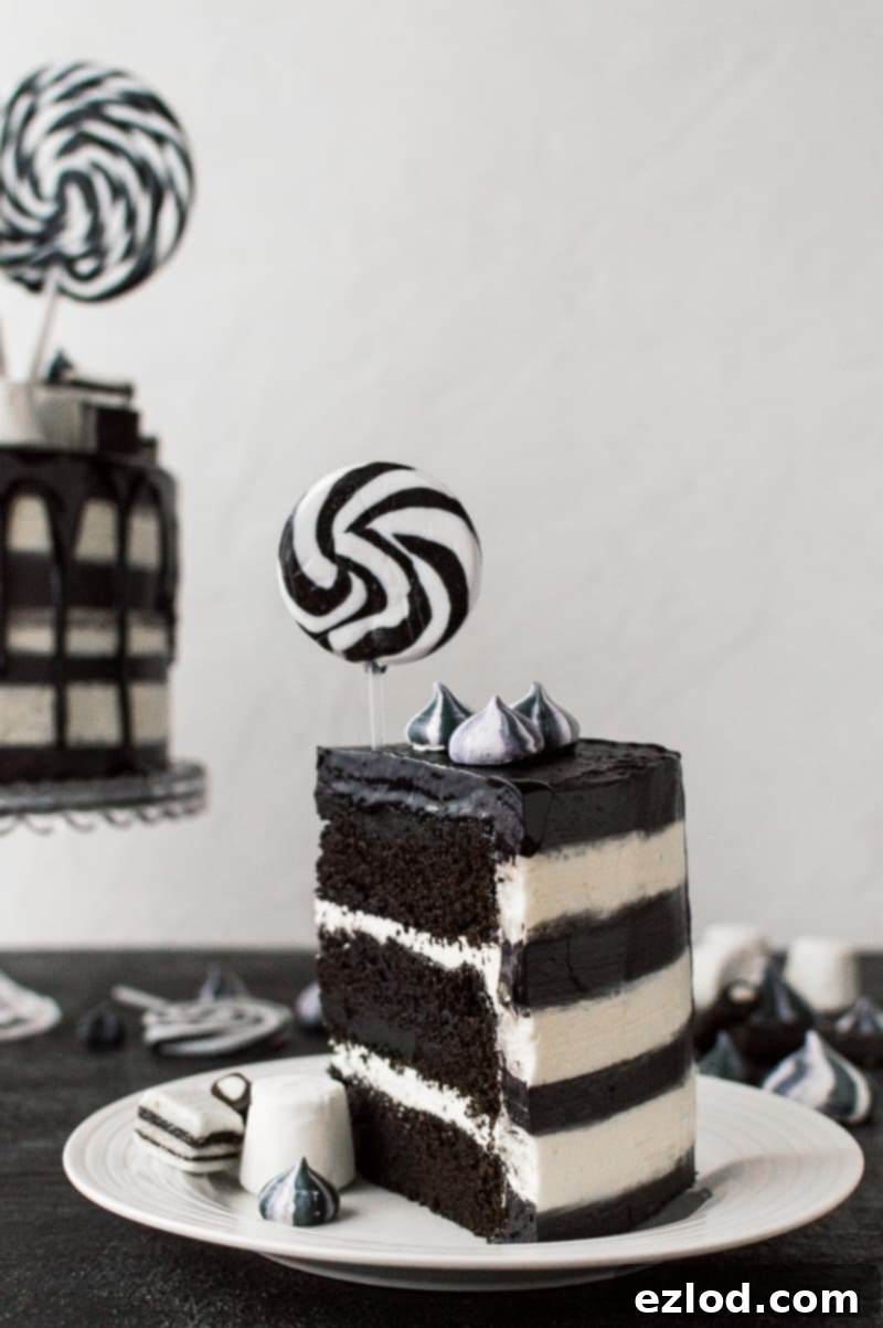 A slice of black and white striped chocolate and vanilla cake topped with a lollipop.