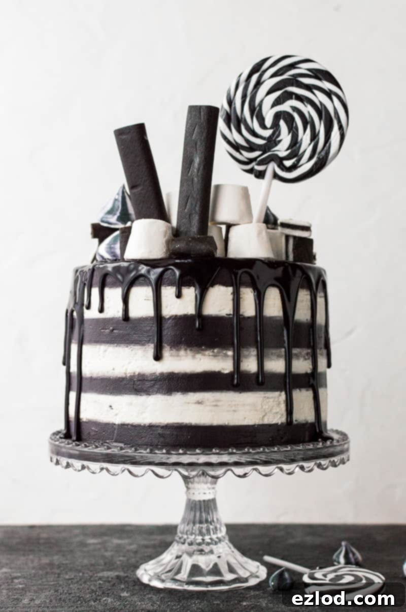 Beetlejuice cake - a black and white stripy monochrome cake for Halloween