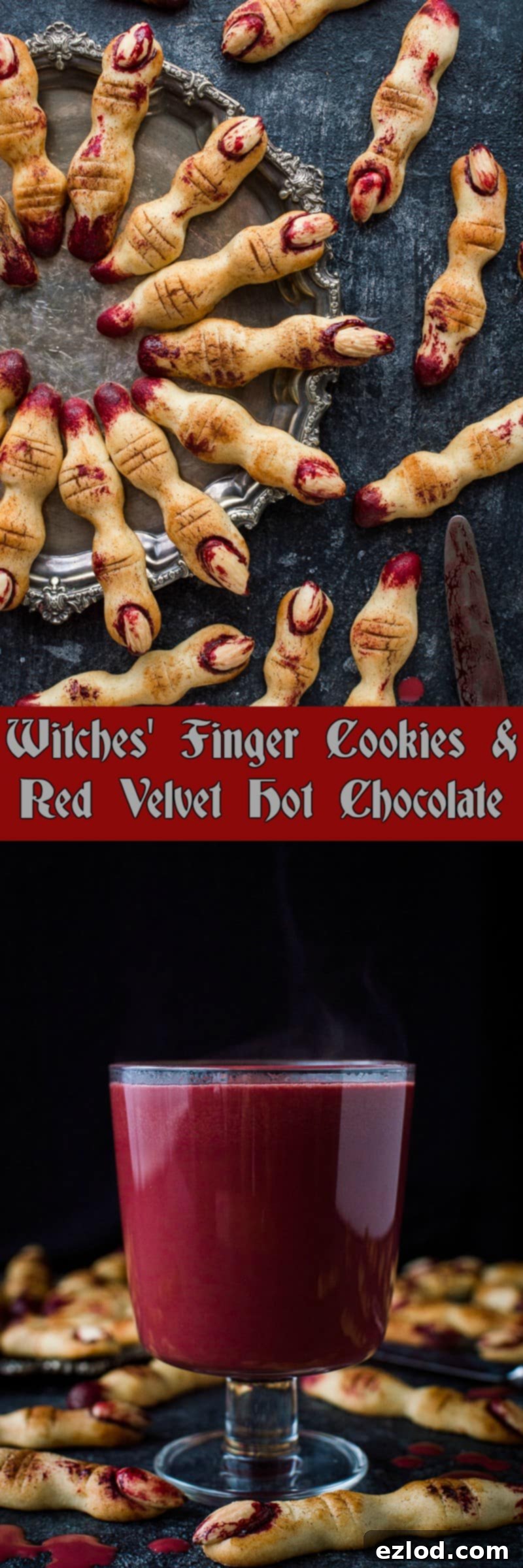 Close-up of witches' finger cookies, showing the detailed decoration and red food coloring.