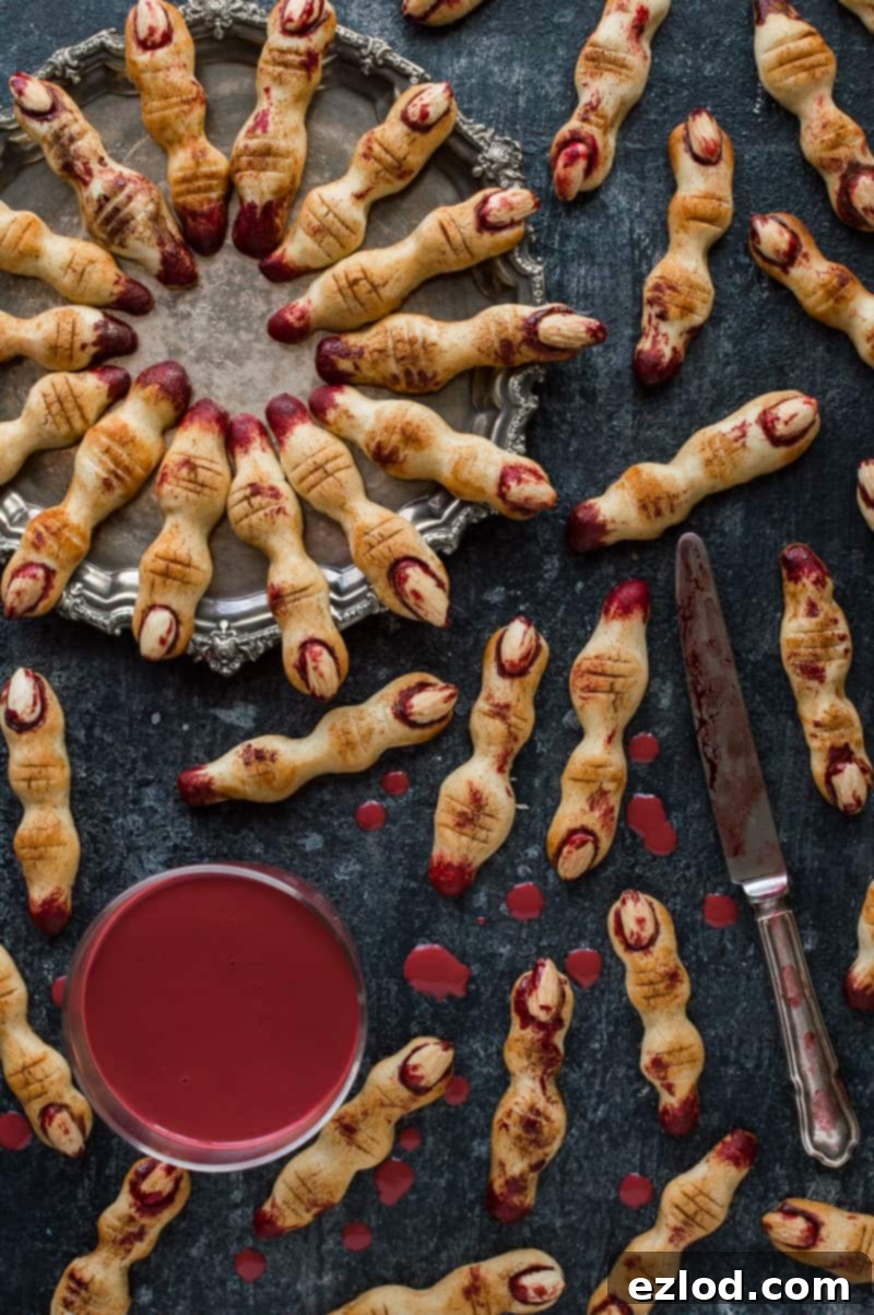Witches' finger cookies with red velvet hot chocolate 'blood', a gory but delicious Halloween treat.