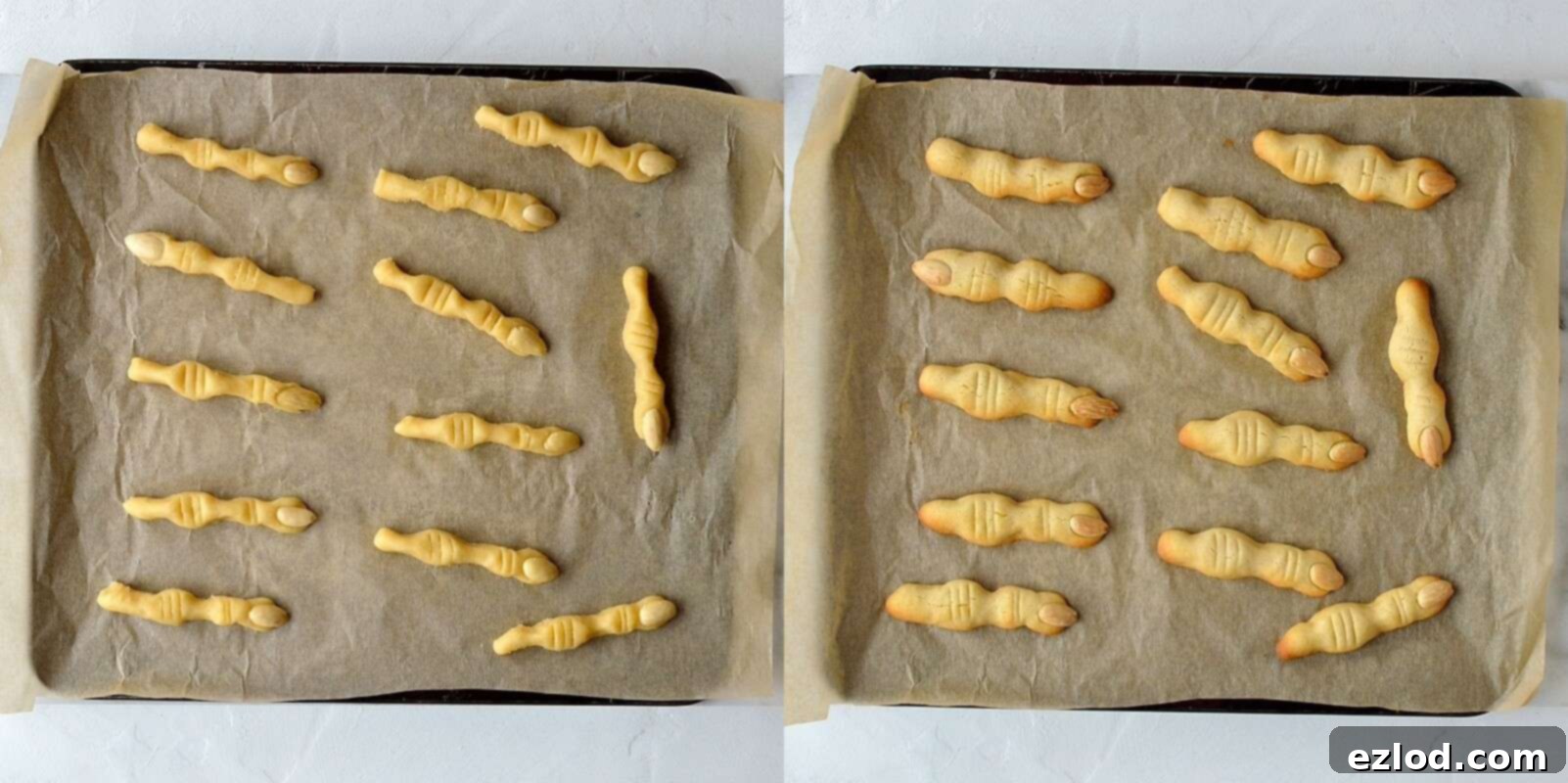 Witches' finger cookies after baking, showing pale golden color.