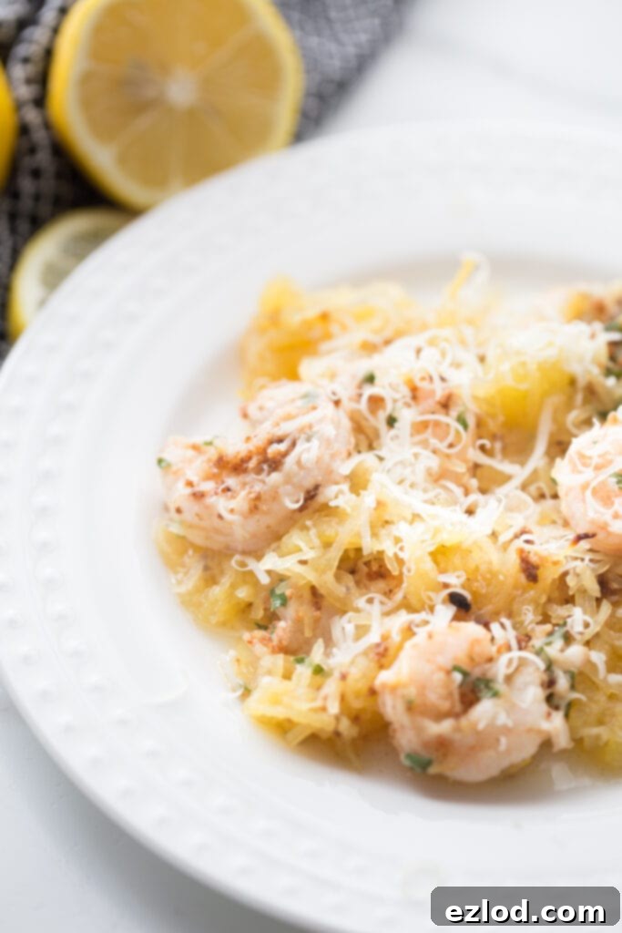 shrimp scampi with spaghetti squash on a white dinner plate