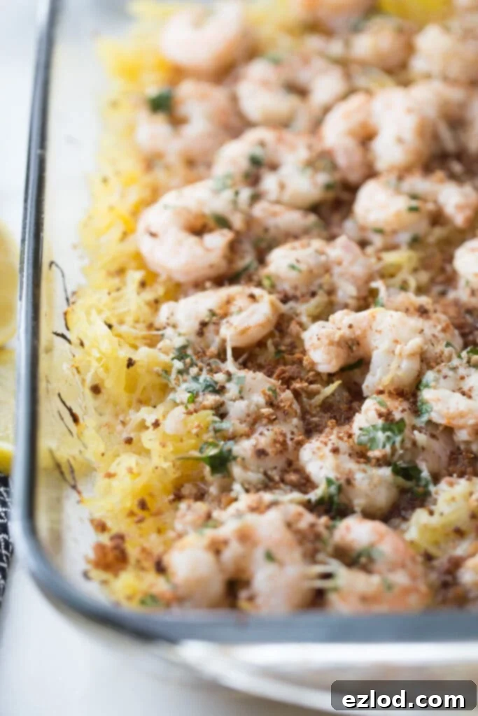 low carb spaghetti squash shrimp scampi in a casserole dish