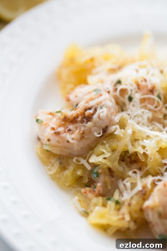 healthy, low carb dinner of shrimp scampi with spaghetti squash on a white plate