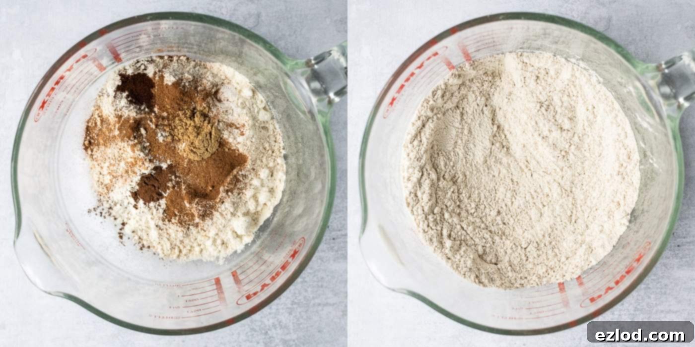 Step 1 in making vegan pumpkin chocolate chip cookies: A person is sifting together various dry ingredients including flour, baking powder, baking soda, salt, and aromatic spices into a bowl. This ensures a light and evenly mixed dough.