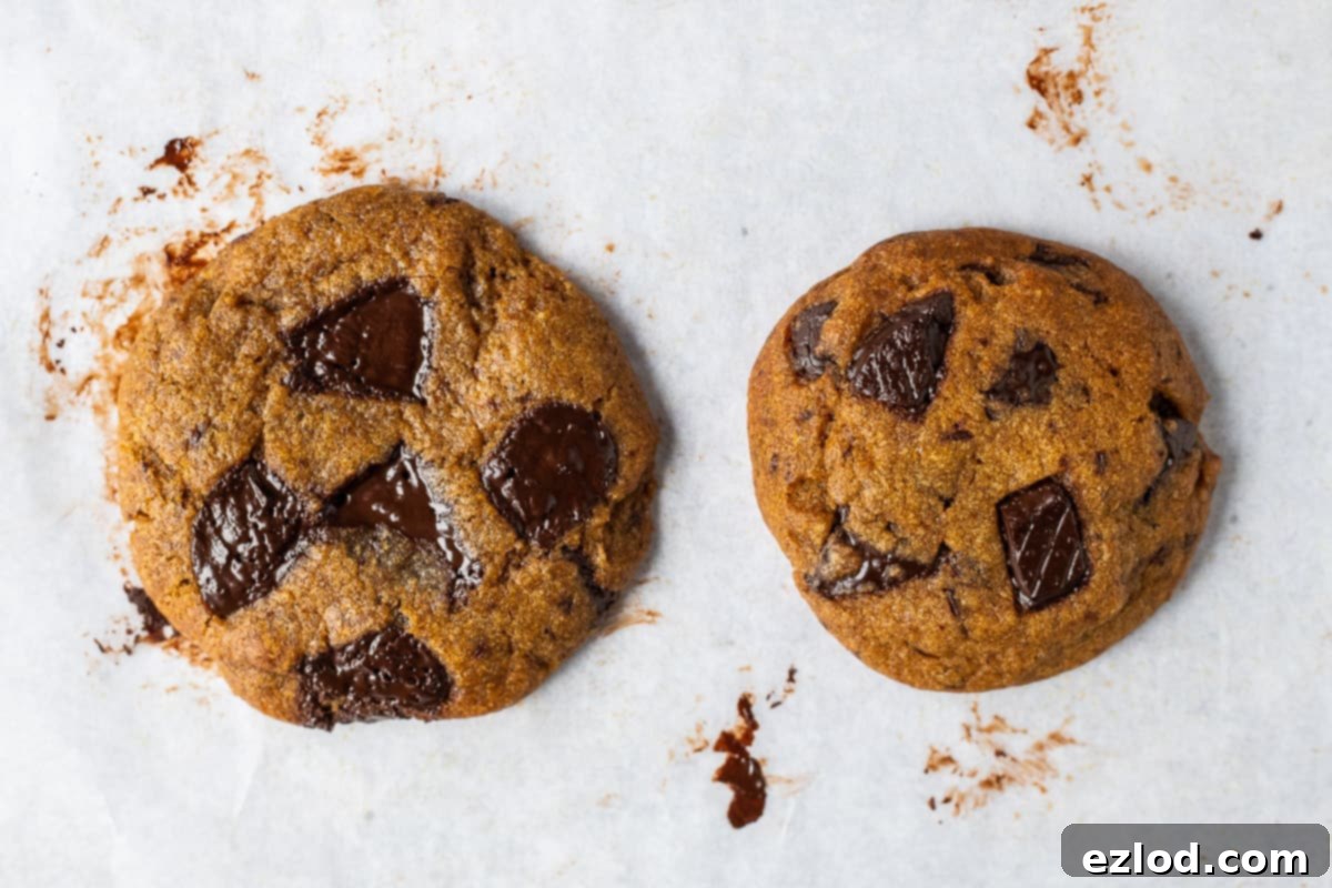 A comparison of two vegan pumpkin spice cookies on baking parchment: one on the left is thinner and spread more, demonstrating the 'pan-banging' technique, while the one on the right is thicker, showing the result of traditional baking. Both are equally delicious but offer different textures.