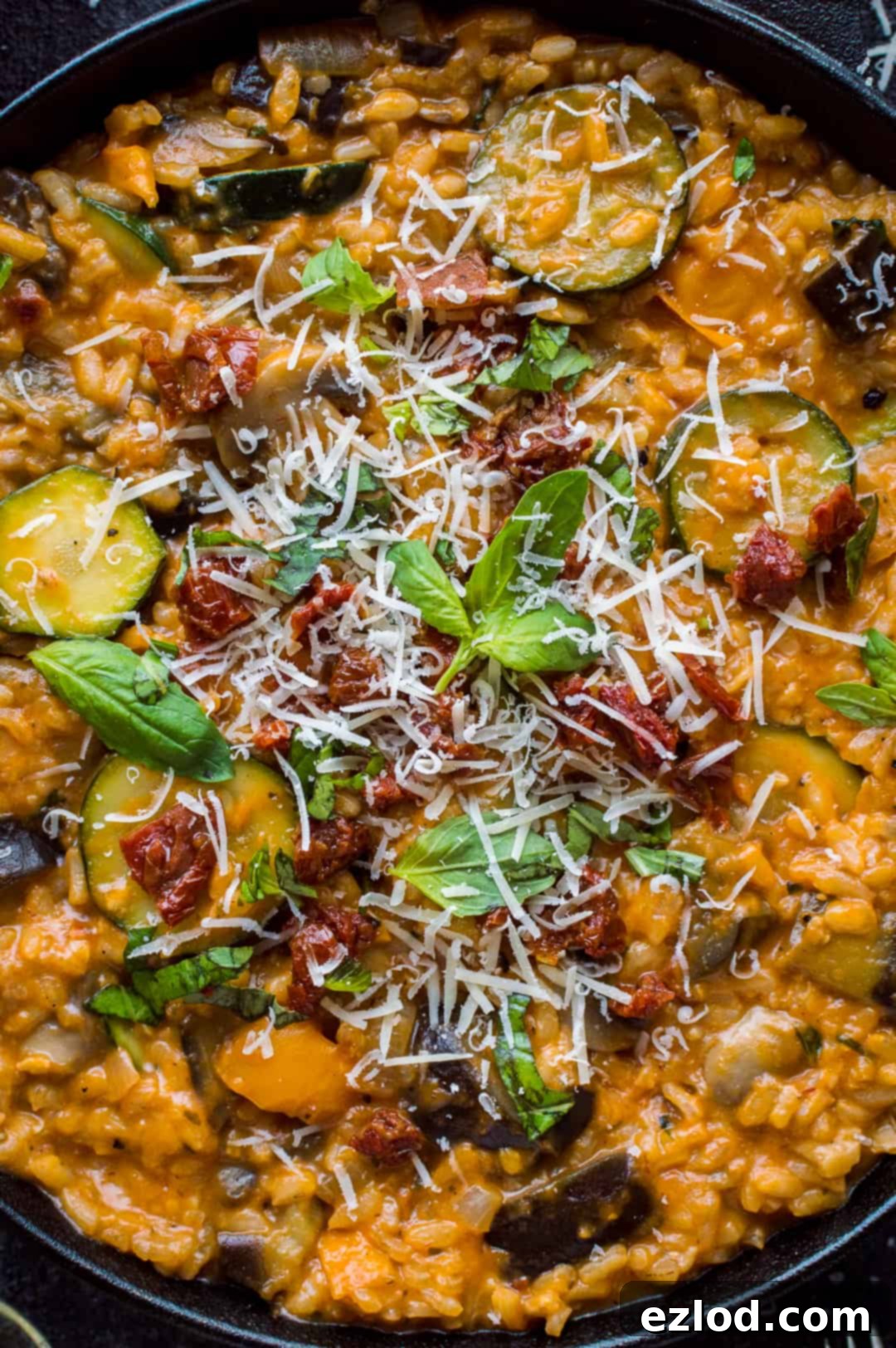 Close-up of ratatouille risotto topped with sundried tomatoes, basil and parmesan