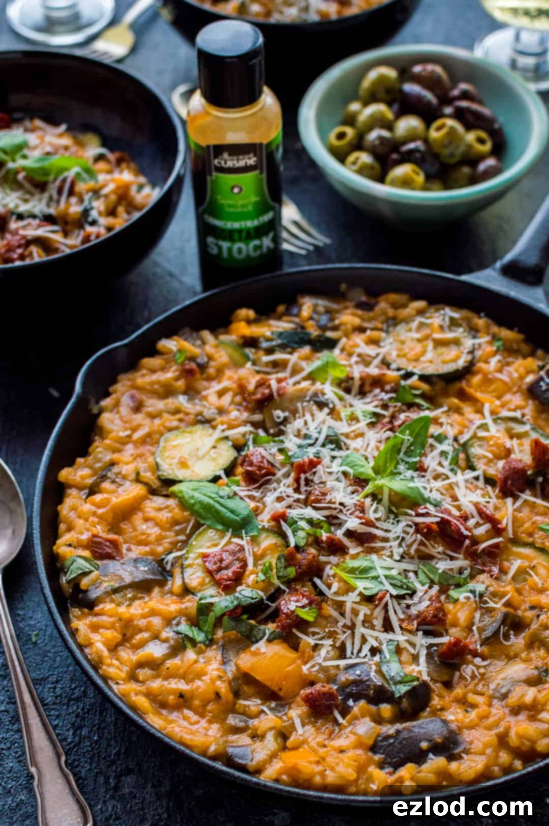 Ratatouille risotto with essential cuisine liquid stock