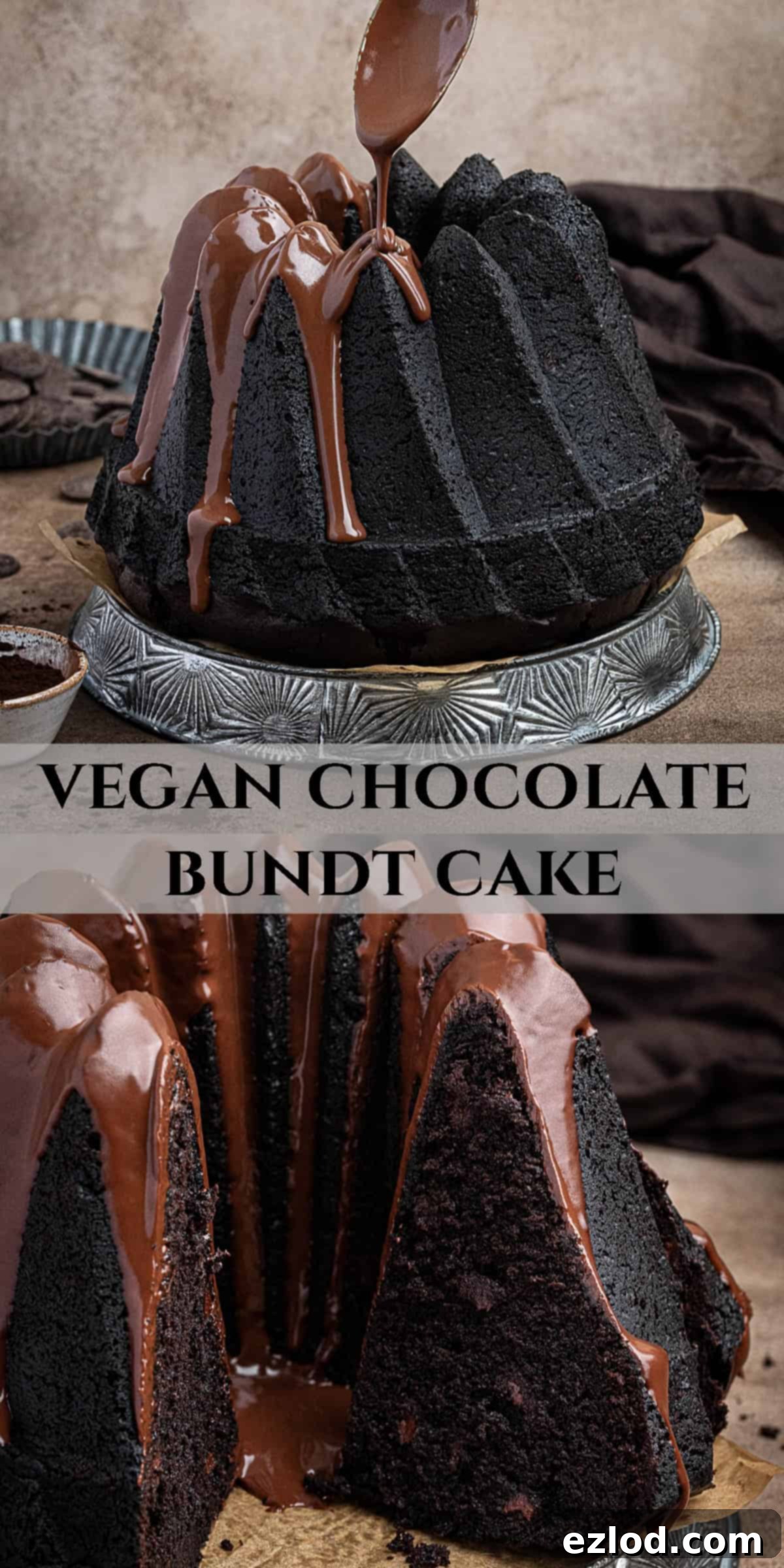 Decadent Vegan Chocolate Bundt Cake 14 Pinterest collage image for Vegan Chocolate Bundt Cake, showcasing various angles and close-ups of the finished cake.