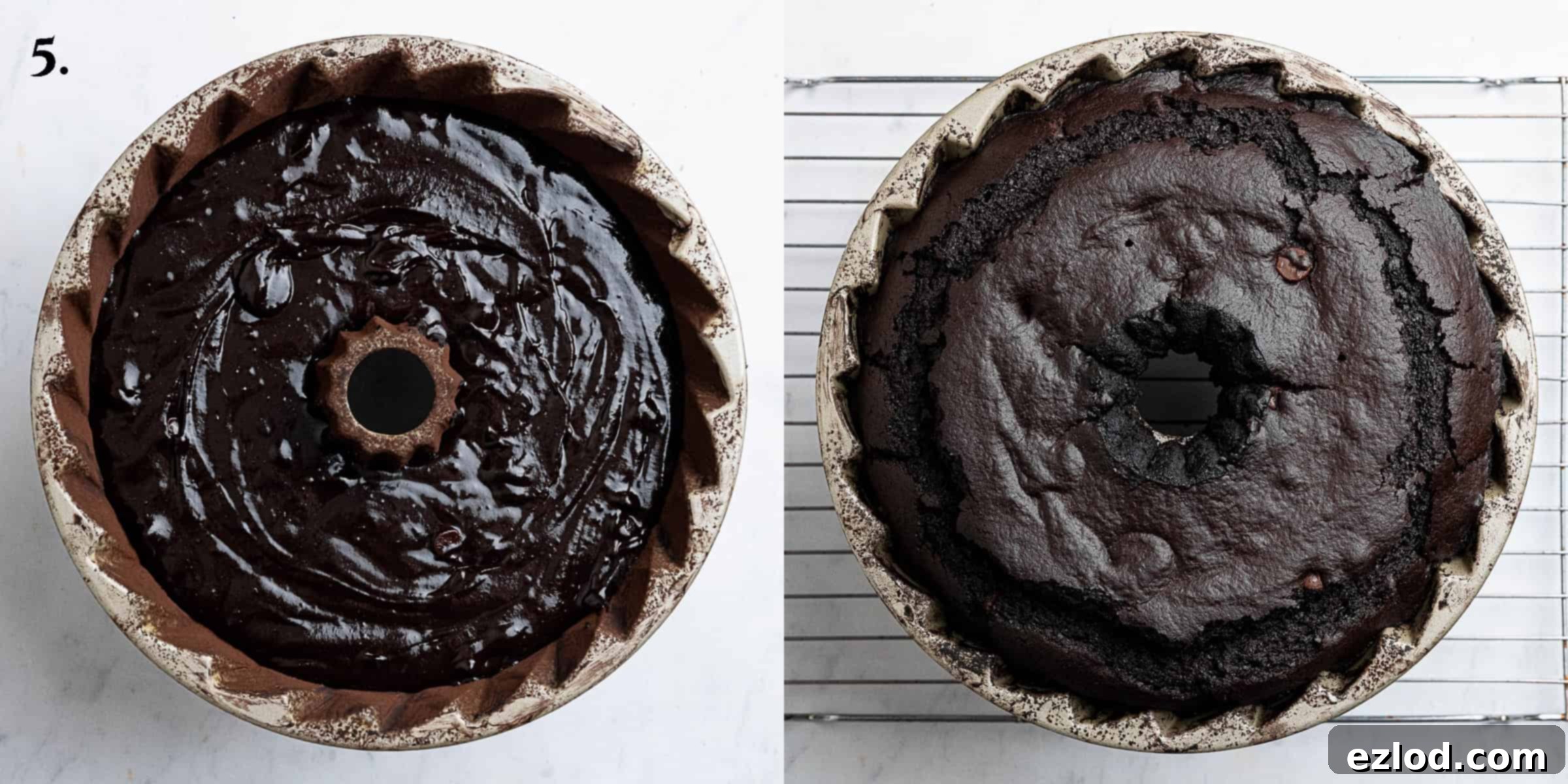 Decadent Vegan Chocolate Bundt Cake 9 Step 5 shows a two-image collage: the raw vegan chocolate bundt cake batter in the tin before baking, and the beautifully risen, baked cake after baking, golden brown and perfectly formed.