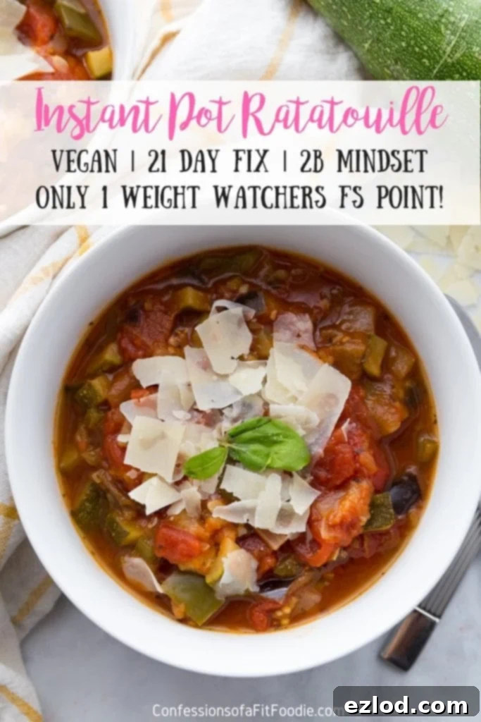 Promotional image for Instant Pot Ratatouille: Vegan | 21 Day Fix | 2B Mindset | Only 1 Weight Watchers FS Point!, showing two bowls of ratatouille with cheese and basil.
