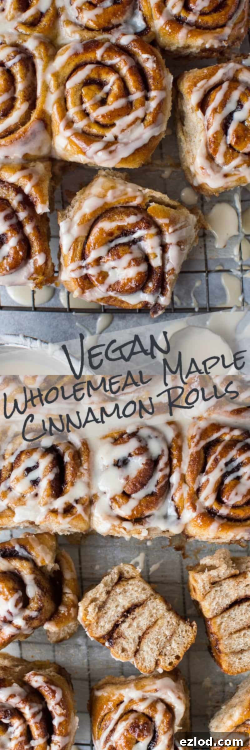 Pinterest optimized image for vegan wholemeal maple cinnamon rolls, showing a close-up of the glazed buns, inviting clicks and shares.