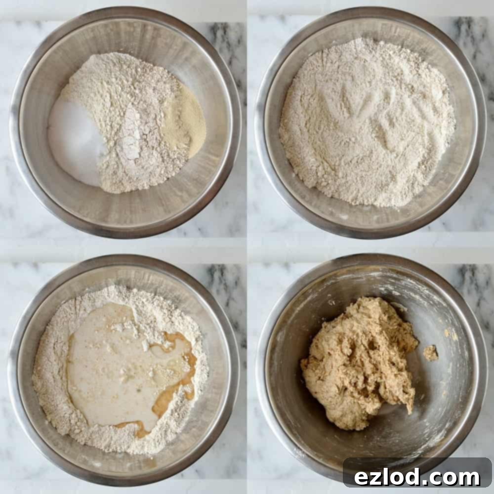 A four-image collage demonstrating the initial steps of making vegan cinnamon roll dough: mixing dry ingredients, adding wet ingredients, forming a rough dough, and kneading until smooth and elastic.