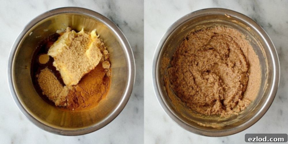 A two-image collage illustrating the process of preparing the rich cinnamon roll filling: combining vegan butter, maple syrup, brown sugar, and cinnamon, then beating until smooth.