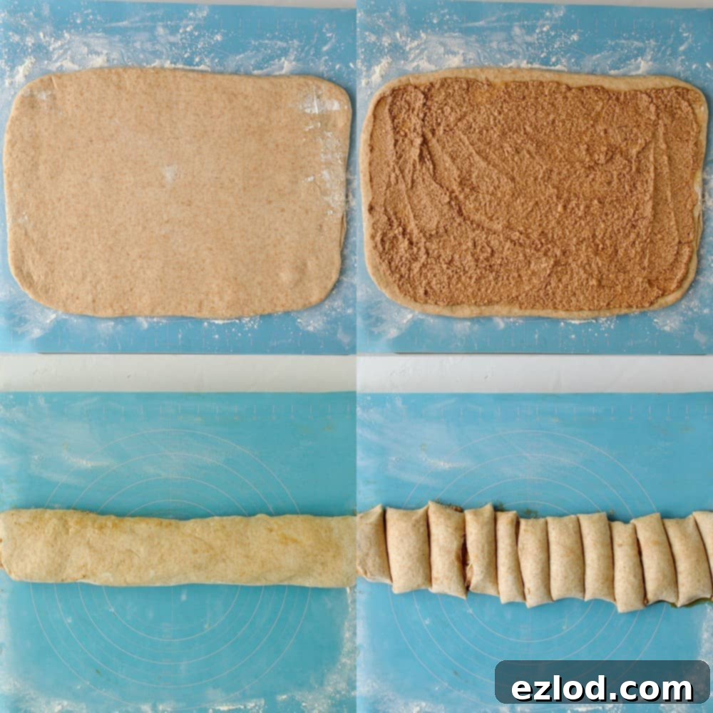 A four-image collage detailing the assembly of vegan cinnamon rolls: rolling out the dough into a rectangle, evenly spreading the maple-cinnamon filling, tightly rolling the dough into a log, and finally slicing it into individual buns.
