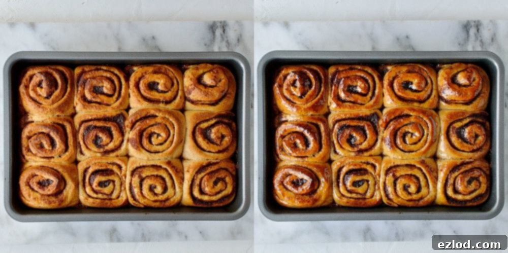 A two-image collage showcasing the baked vegan cinnamon rolls, with the second image showing them being brushed with additional maple syrup for extra shine and flavor.
