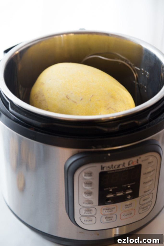 Photo of a whole spaghetti squash inside an Instant Pot, ready for pressure cooking.