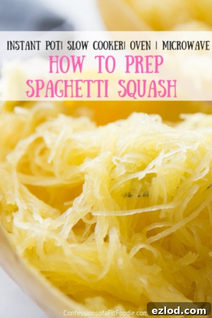 A visual guide showing how to prep spaghetti squash in an Instant Pot, Crock Pot, Oven, and Microwave, with details on each method for healthy, low-carb meals suitable for 21 Day Fix and 2B Mindset.