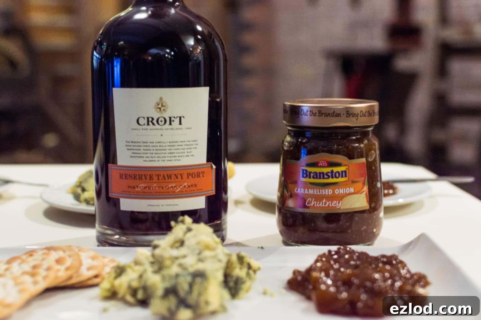 Stilton cheese, a glass of Port, and a jar of Branston Caramelised Onion Chutney