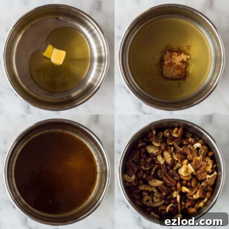 Mixing mixed nuts with melted spiced honey and butter in a saucepan, ensuring each nut is evenly coated with the sweet and spicy glaze.