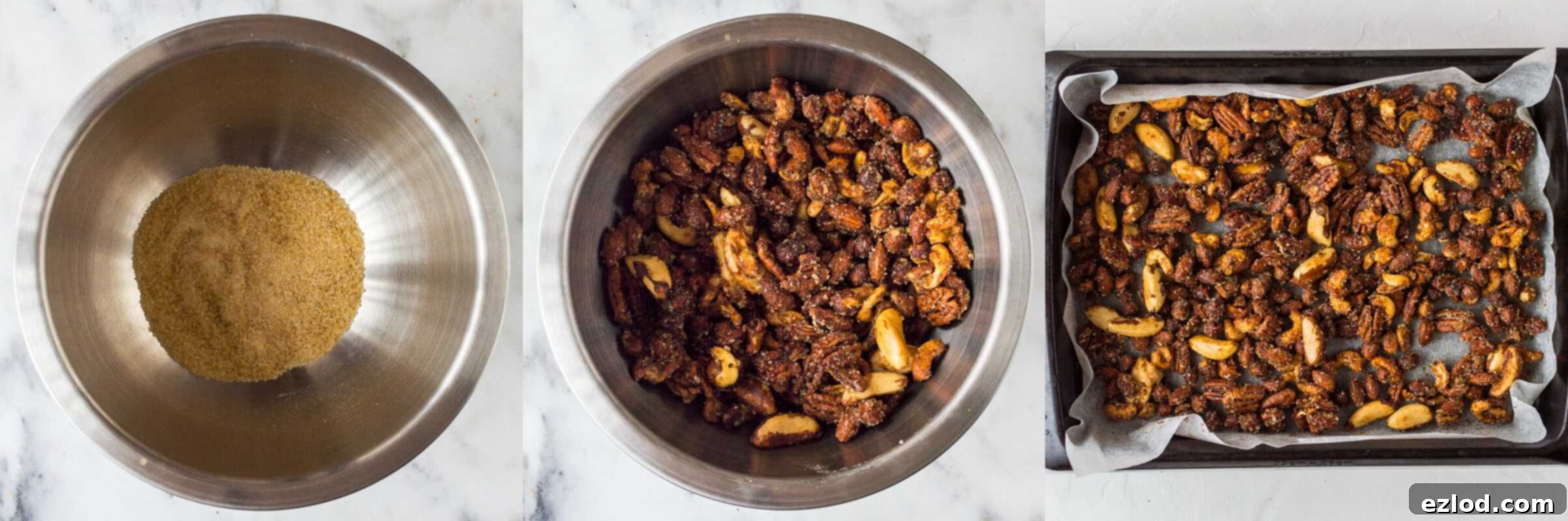 Final step in the recipe: Spiced honey roasted nuts cooling on a tray after being coated with a glistening mixture of salt and demerara sugar.