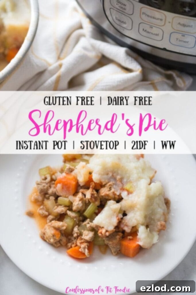 Pinterest Image for Shepherd's Pie: Healthy and delicious Instant Pot recipe, perfect for 21 Day Fix, Paleo, Whole30, and Weight Watchers friendly meals.