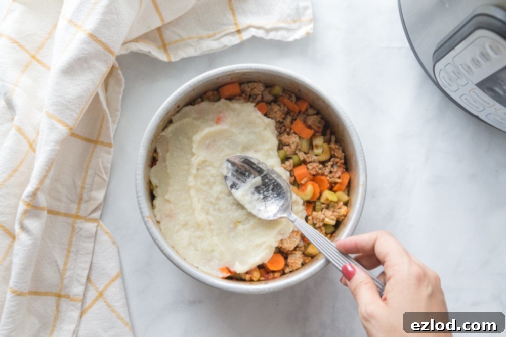 Aluminum plate with a serving of healthy shepherd's pie topped with mashed cauliflower and potatoes, positioned next to an Instant Pot.