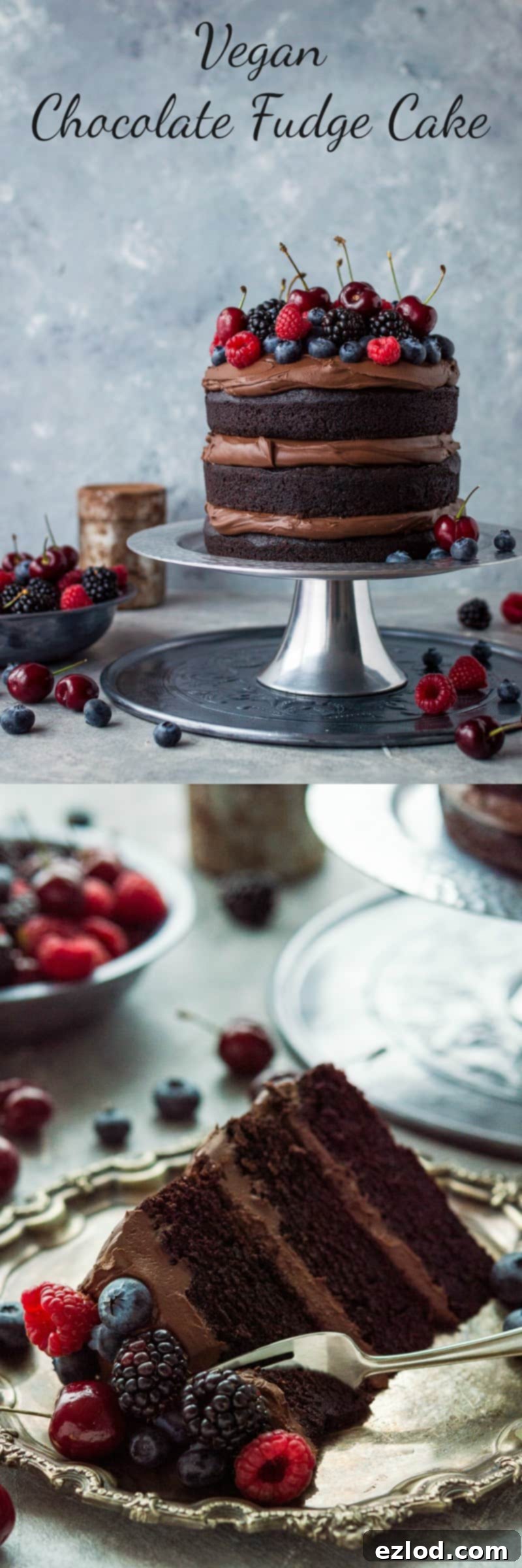 Vegan chocolate fudge cake - an easy to make, moist, fudgy vegan chocolate cake topped with coconut milk ganache. No one will be able to guess that it's vegan! #vegan #baking #chocolatecake