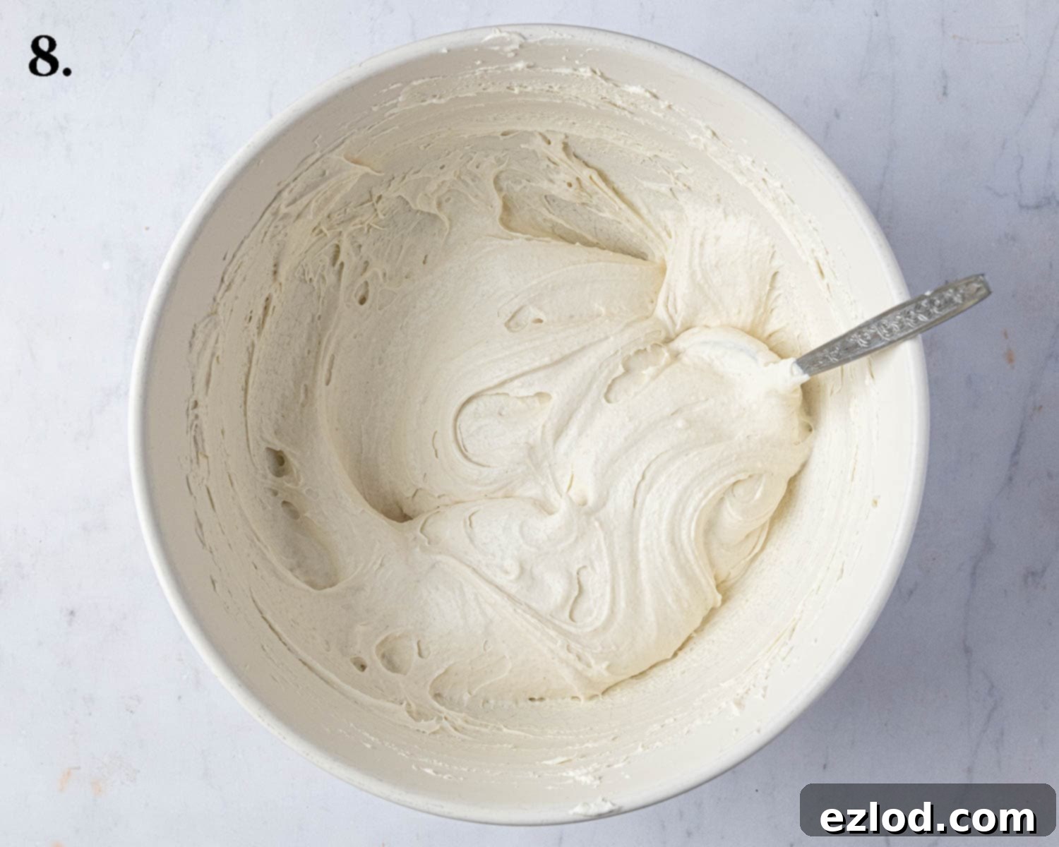 Step 8: The finished white chocolate cream cheese whipped cream frosting.