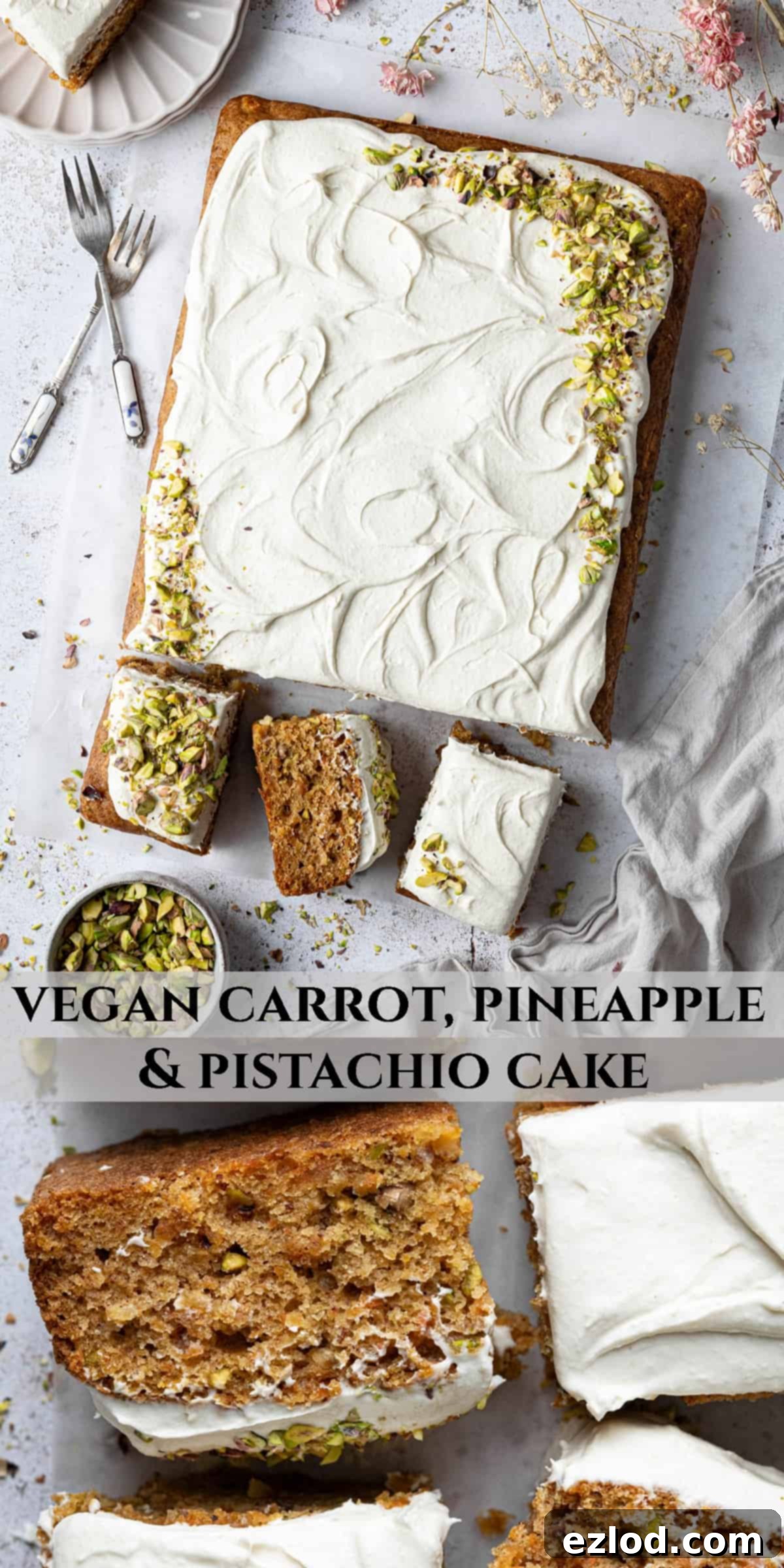 Pinterest collage image for Vegan Carrot, Pineapple, and Pistachio Cake.