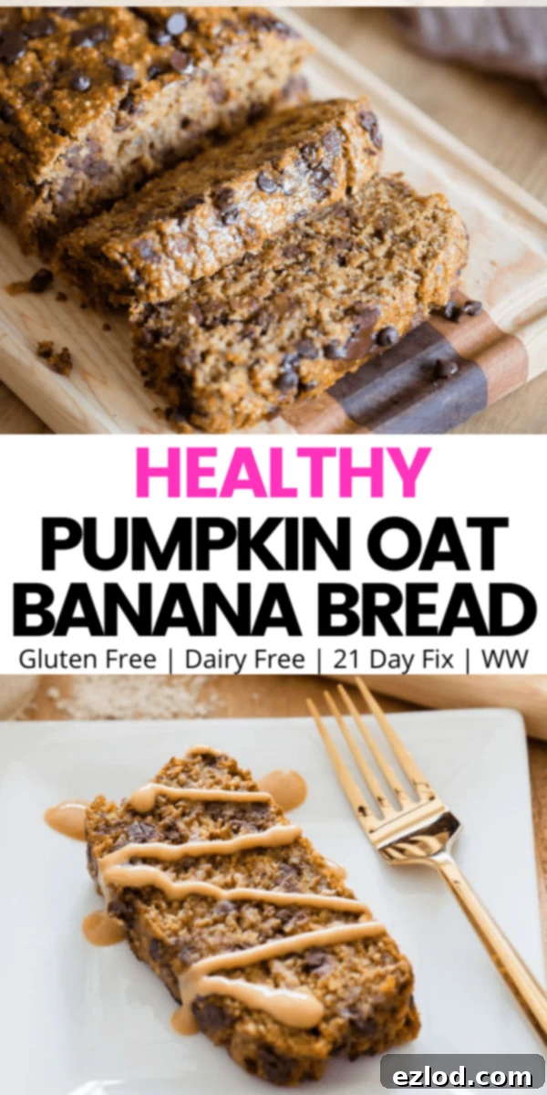 Pinterest image with text overlay for gluten and dairy free healthy pumpkin oat banana bread
