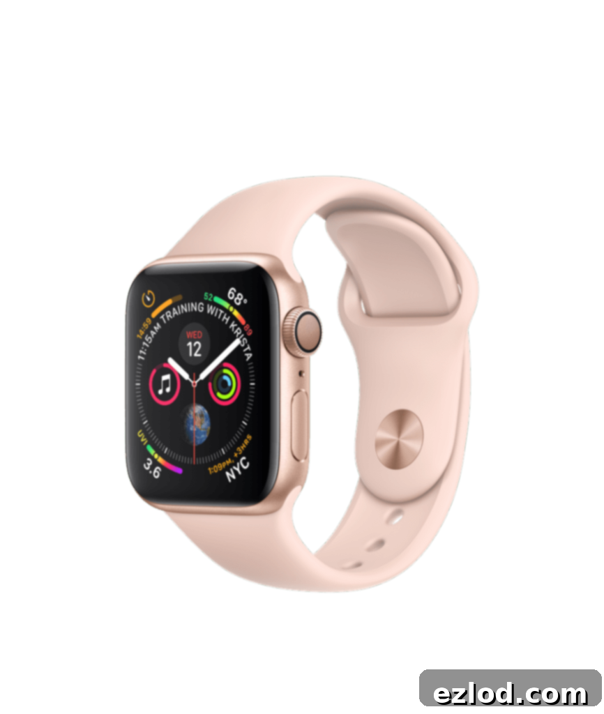 Apple Watch Series 4 with a gold aluminum case and a pink sand sport band, showcasing its fitness features.