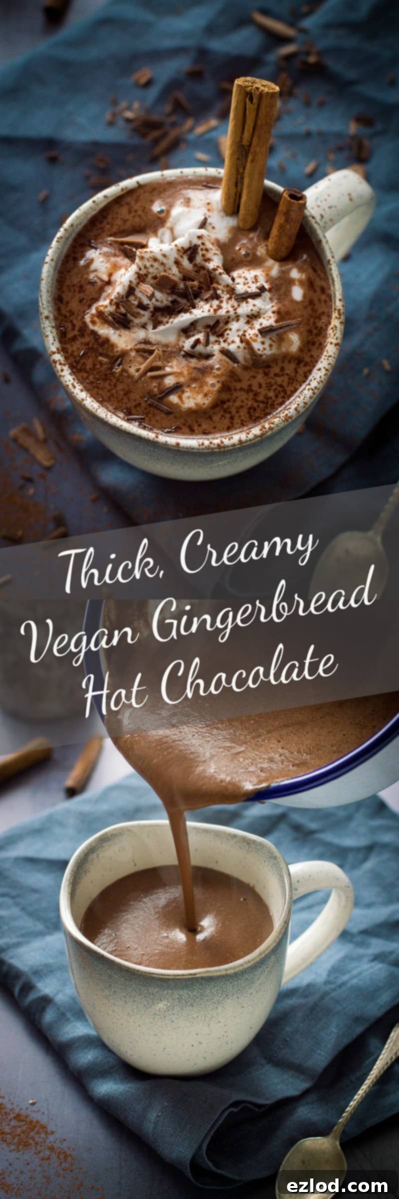 Thick, creamy vegan gingerbread hot chocolate - rich and lusciously thick vegan hot chocolate with gingerbread spices. Made with cashews, sweetened with dates; refined sugar free. #vegan #chocolate #plantbased