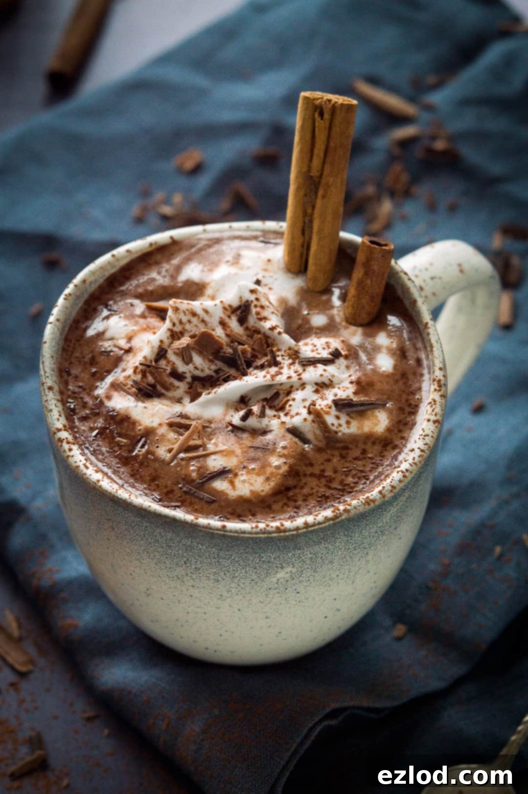 Photo of a mug of dairy and refined sugar free rich and creamy vegan hot chocolate in a grey mug topped with coconut whipped cream, chocolate shavings and cinnamon