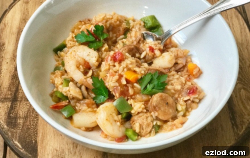 Instant Pot Jambalaya with sausage, shrimp, and chicken, ready for a healthy meal.