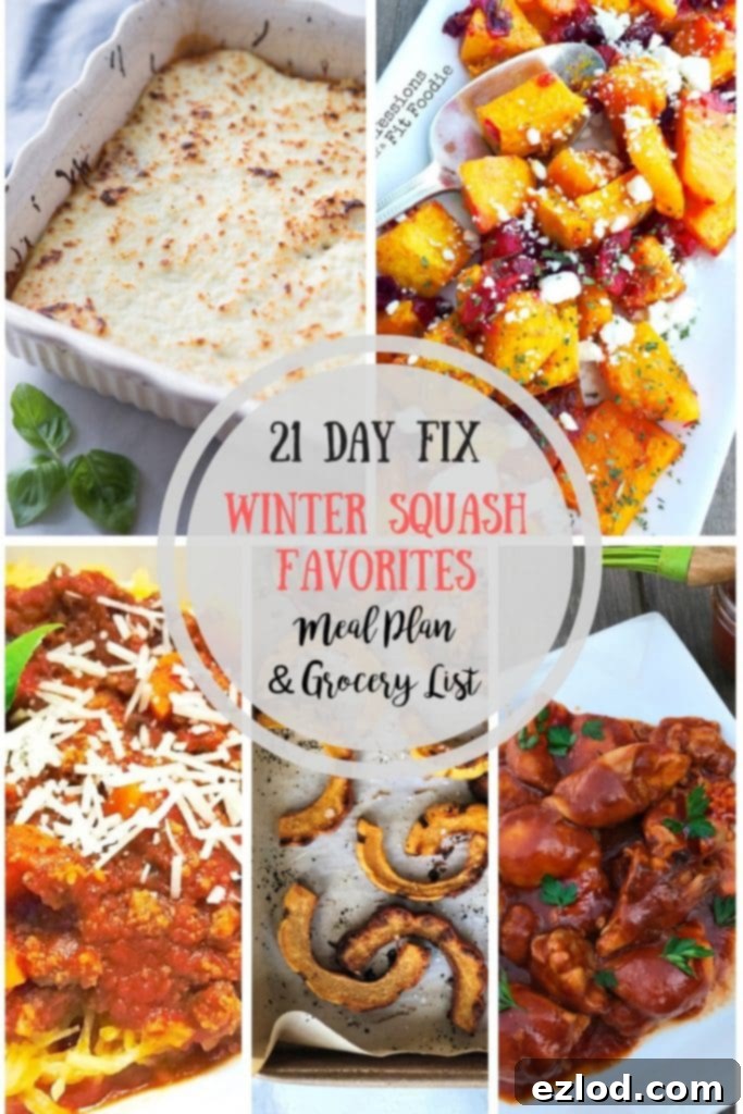 A vibrant, healthy 21 Day Fix meal plan featuring an assortment of winter squashes like spaghetti, acorn, and butternut squash, perfect for a veggie-powered week. The image includes various prepared squash dishes and a handy grocery list, ideal for clean eating and fitness goals. #21DayFixMealPlans #WinterSquashRecipes #HealthyEating