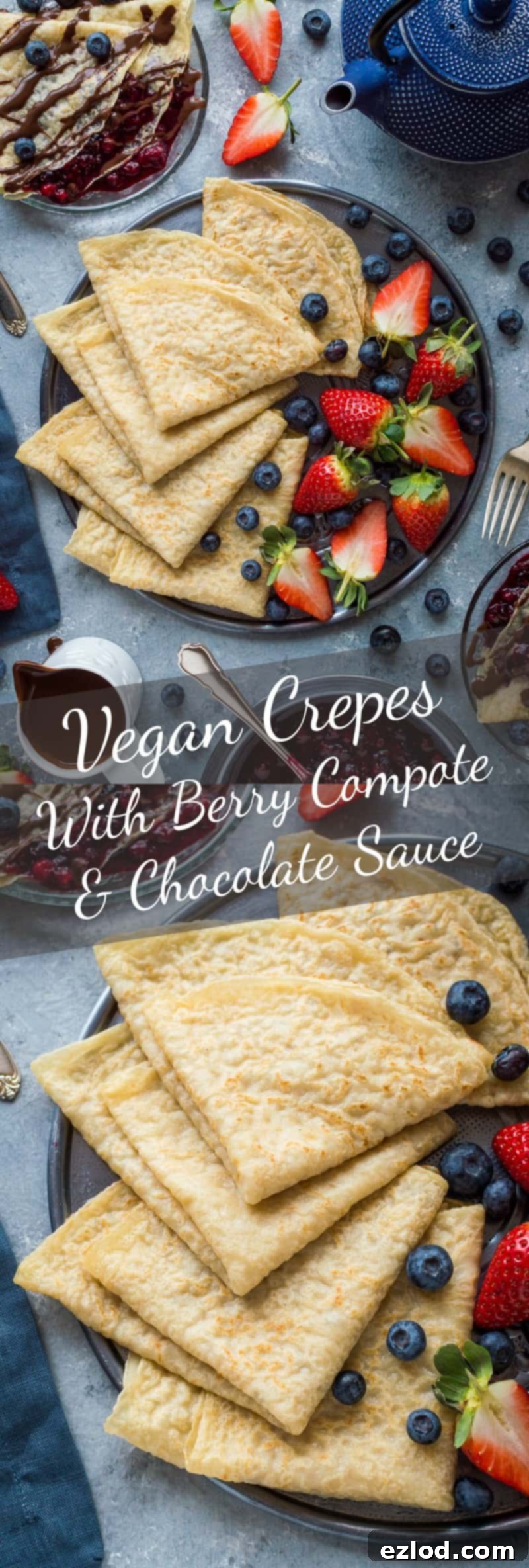 Decadent Vegan Crepes with Berry Compote and Rich Chocolate 2 Vegan crepes with berry compote and chocolate sauce - easy, tender, egg and dairy free pancakes with a delectable chocolate sauce and mixed berry compote. Perfect for pancake day! #vegan #plantbased #pancakes #breakfast